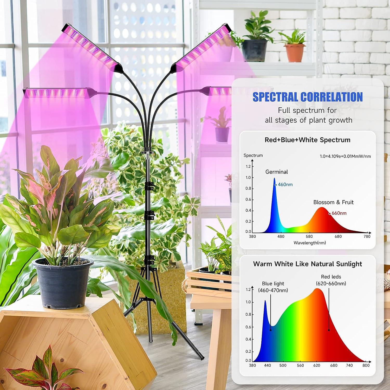 4 Head LED Grow Light with Stand 40W MHB Hydroponics