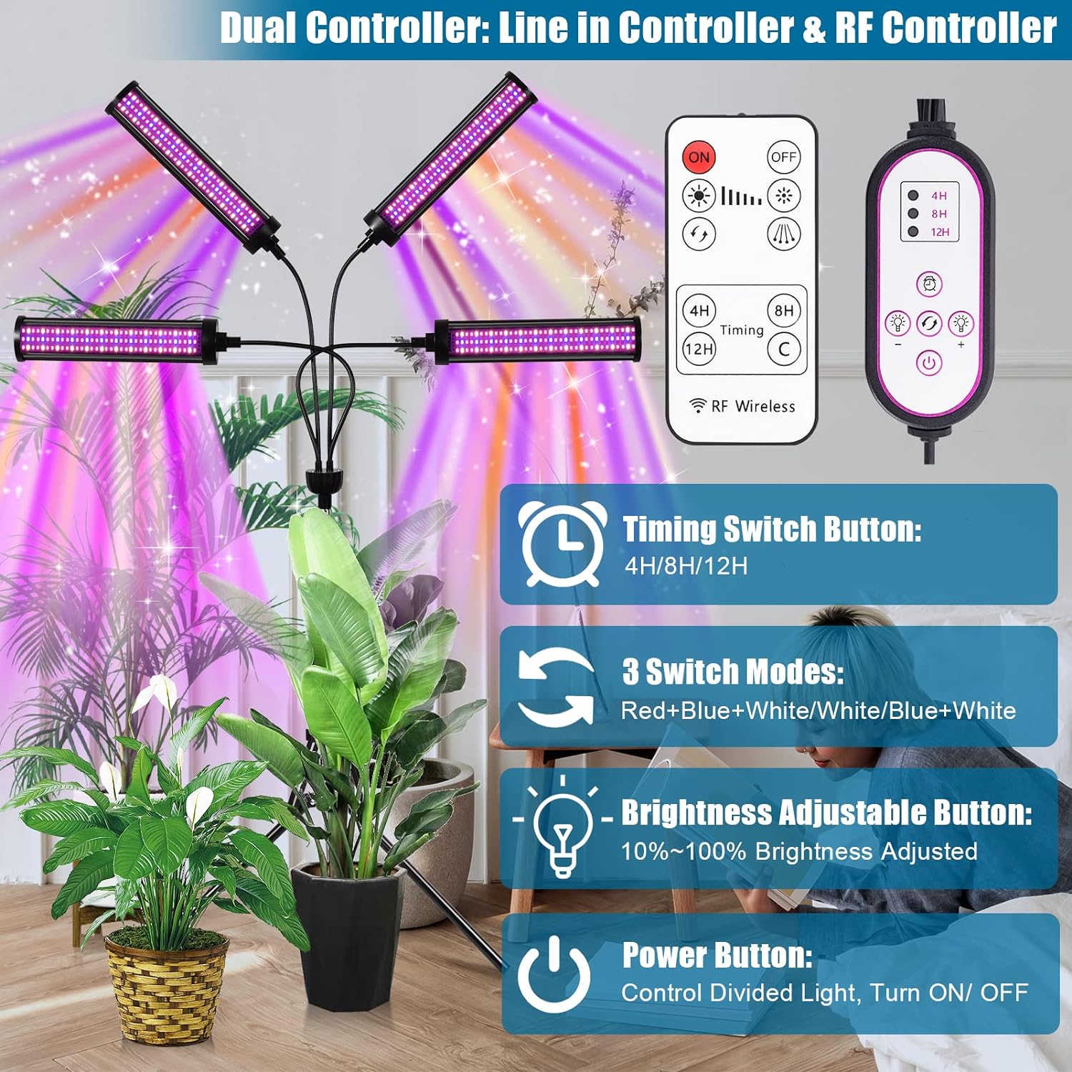 4 Head LED Grow Light with Stand 40W MHB Hydroponics